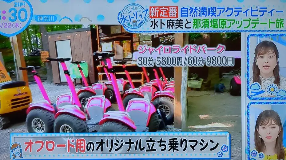 日本テレビ『ZIP!』でジャイロライドパークが紹介された放送画面